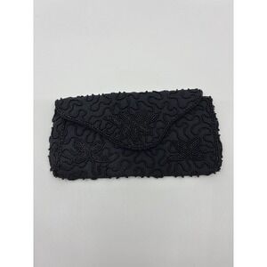 Walborg Vintage Black Beaded Clutch Bag Handmade in Belgium Floral Scroll